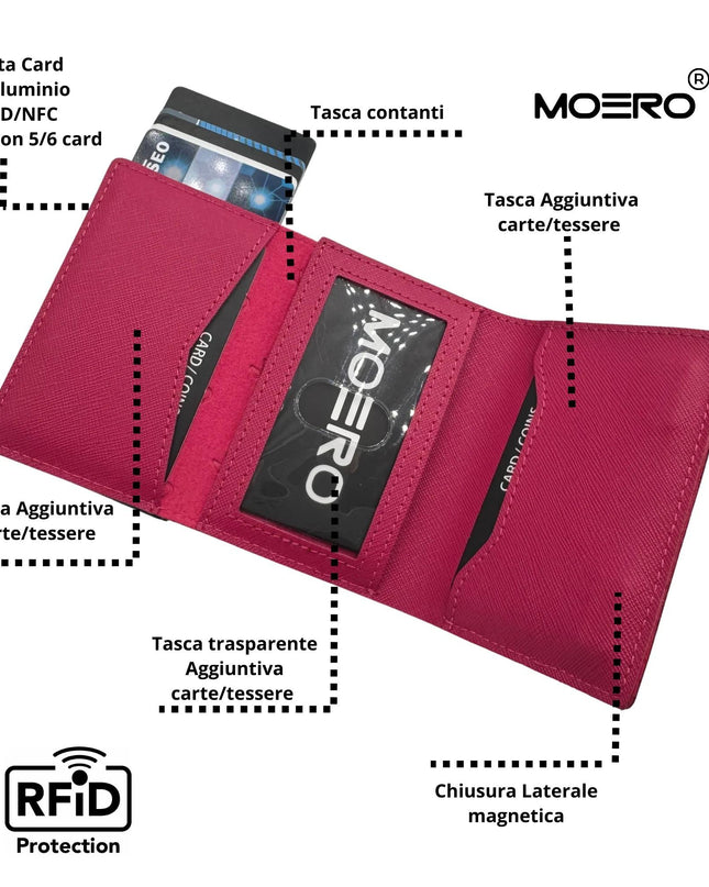Moero Pro Plus Saffiano Magenta Zip Portafoglio Slim PRO PLUS SAFFIANO MAGENTA ZIP CARD BLACK Moero 