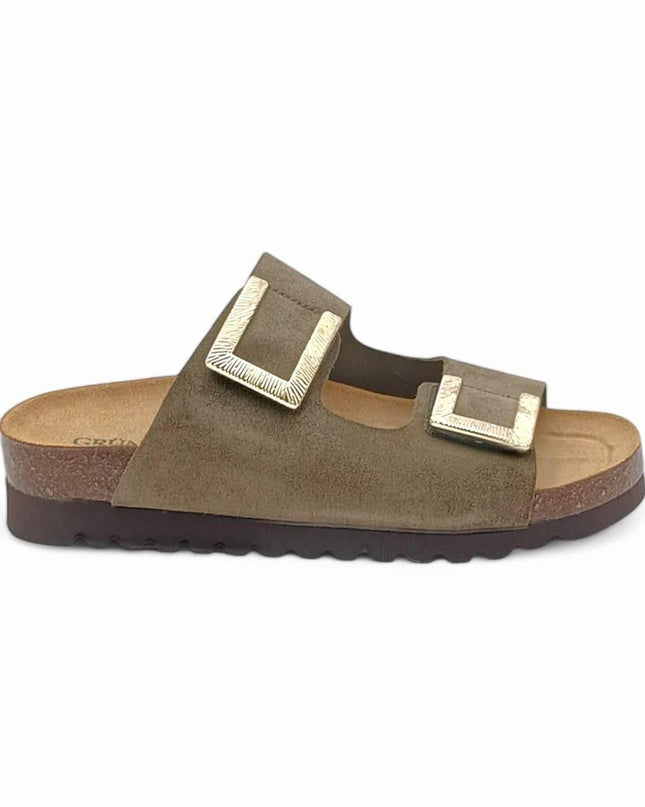 Grunland Sandali Donna Plantare Sughero Doppia Fibbia in Camoscio Oliva - MARIO SPATARELLA