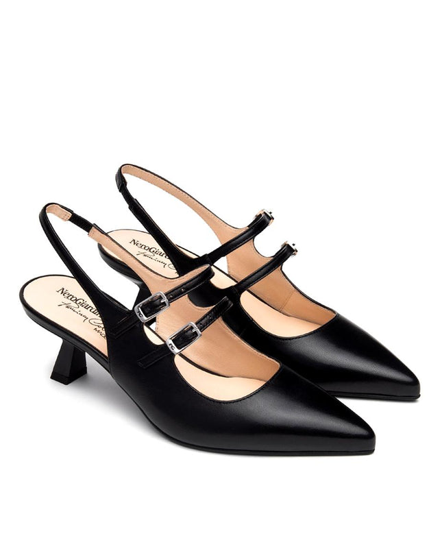 NeroGiardini Chanel Mary Jane Slingback Kitten Heel in Pelle Nera E615410DE NERO 100 Nero Giardini 