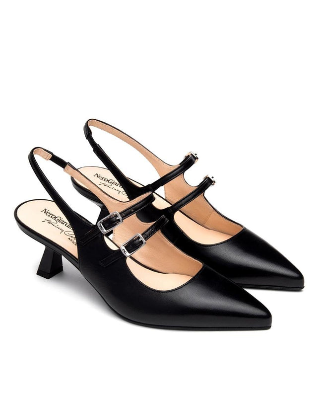 NeroGiardini Chanel Mary Jane Slingback Kitten Heel in Pelle Nera - MARIO SPATARELLA