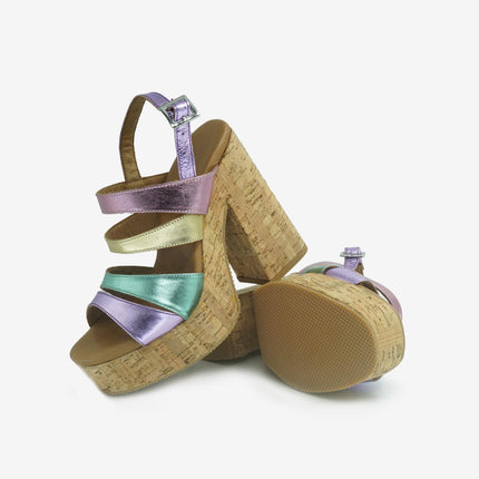 Sandali Donna Tacco Sughero 618007 METALLIC Inuovo 