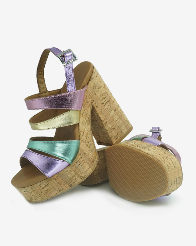 Sandali Donna Tacco Sughero 618007 METALLIC Inuovo 