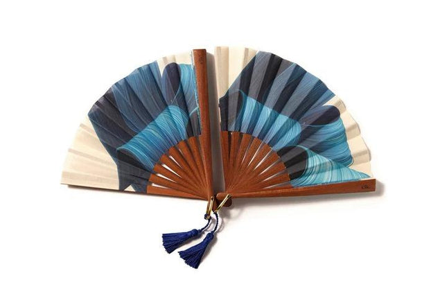Ventaglio in Legno e Cotone Blu BLUE WAVE FLUID Ette 