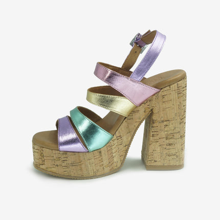 Sandali Donna Tacco Sughero 618007 METALLIC Inuovo 