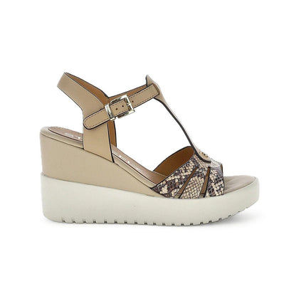 Stonefly Sandali Donna con Zeppa in Pelle Beige Animalier 223867 ELY 4 DUST BROWN Stonefly 