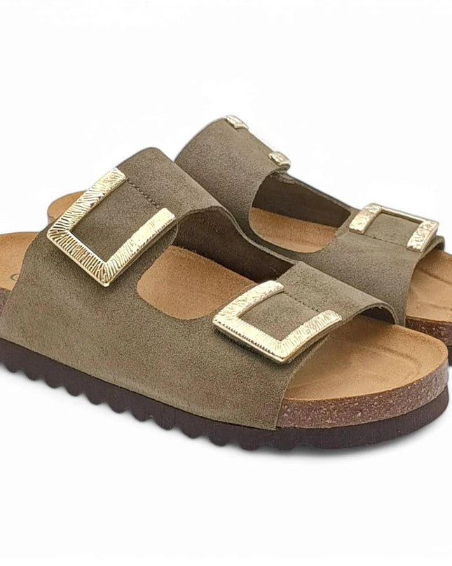 Grunland Sandali Donna Plantare Sughero Doppia Fibbia in Camoscio Oliva - MARIO SPATARELLA