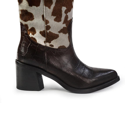 Gianni Crasto Stivale Camperos Tubolare Donna in Pelle Cocco Marrone e Cavallino Animalier - MARIO SPATARELLA