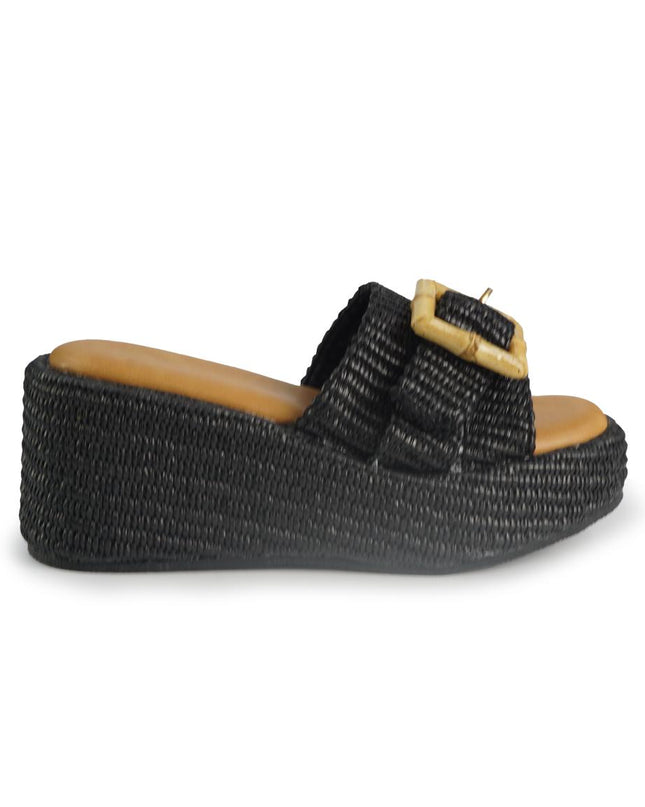 Exe Sandali Donna con Zeppa in Tessuto Nero 25001-2 RAFFIA BLACK Exe 