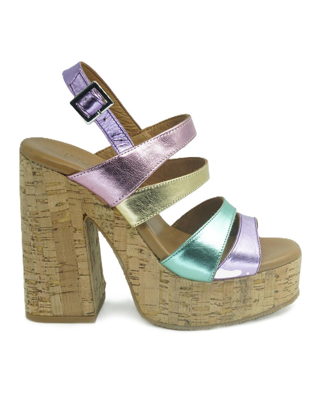 Sandali Donna Tacco Sughero 618007 METALLIC Inuovo 