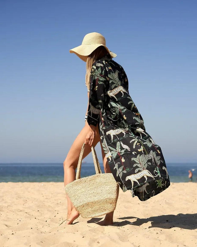 Kimono Caftano in Cotone CKR172 MDNIGHT JUNGLE Linen 