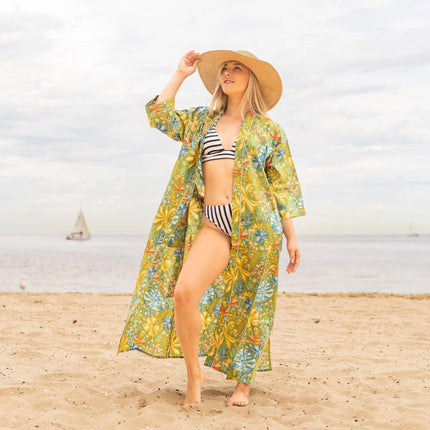 Kimono Caftano in Cotone CWK48 TROPICAL FLORAL Linen 