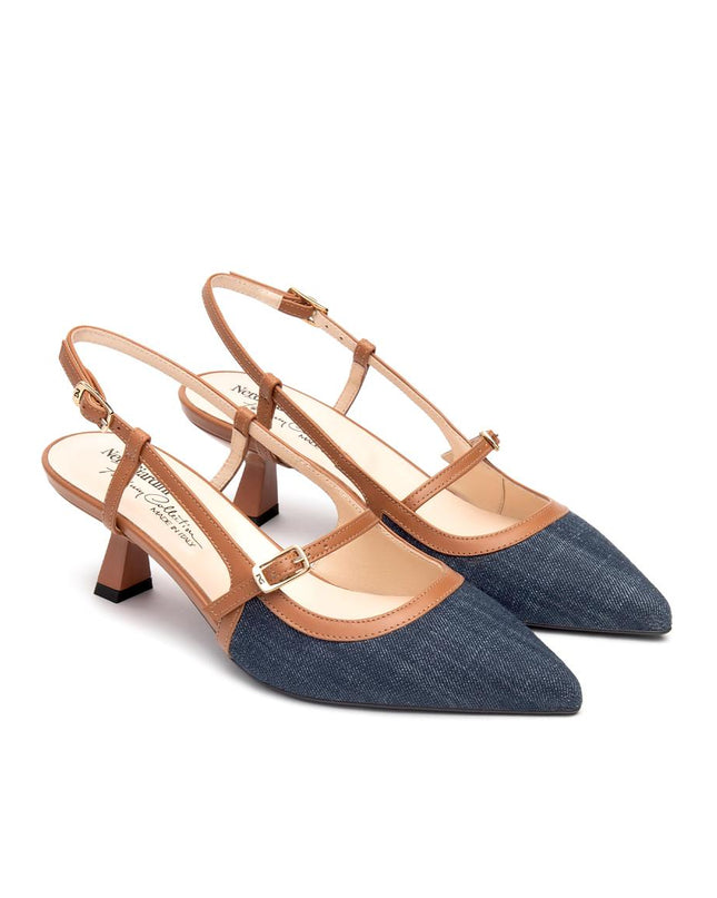 NeroGiardini Mary Jane Slingback Kitten Heel a Punta in Pelle e Denim E615470D JEANS 214 Nero Giardini 