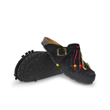 Jiudit Sandalo Plantare Donna Bio Sabot con Frange in Camoscio Nero Multicolor J185 BLACK Jiudit 