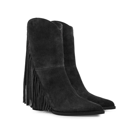 Tsakiris Mallas Stivali Texani Donna con Frange in Camoscio Nero - MARIO SPATARELLA