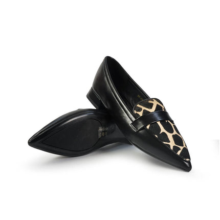 Mocassini Donna Tacco Basso in Pelle Nera e Cavallino Animalier YH03-02M BLACK ClaudV 