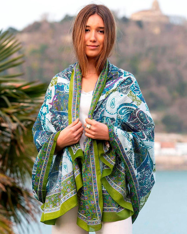 Foulard Pareo in Cotone Stampato Fantasia Verde CDT264C COTTON GREEN Colores de Otono 