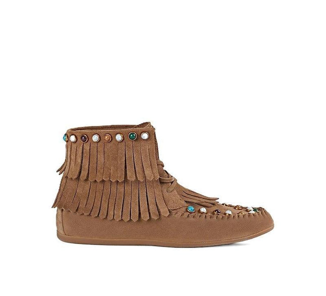 Inuovo Stivaletto Donna con Frange e Pietre Multi in Camoscio Sigaro - MARIO SPATARELLA