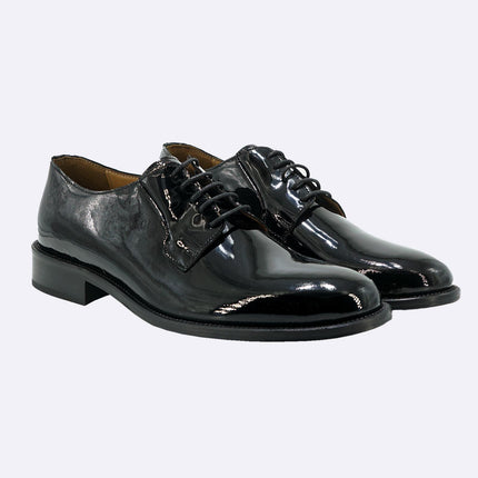 Stringata Uomo Elegante Sposo Cerimonia Vernice Nero Fondo Cuoio Cucito Derby Liscio - MARIO SPATARELLA