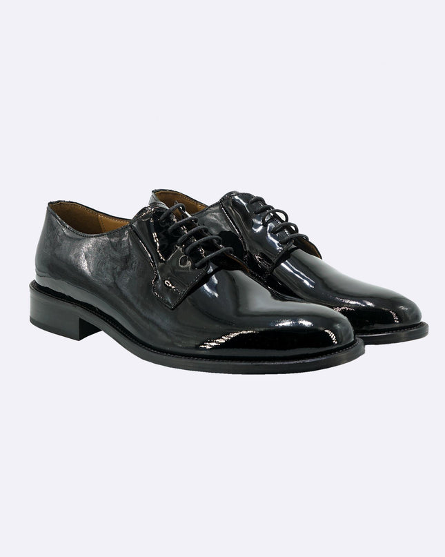 Stringata Uomo Elegante Sposo Cerimonia Vernice Nero Fondo Cuoio Cucito Derby Liscio - MARIO SPATARELLA
