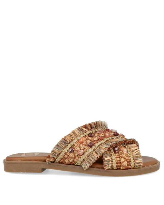 O-Joo Sandalo Flat Donna in Tessuto con Pietre Sabbia MILEY CROSS NATURAL O-JOO 