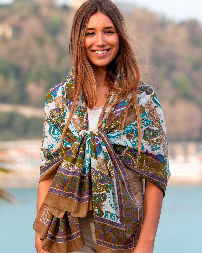 Foulard Pareo in Cotone Stampato Fantasia Beige - MARIO SPATARELLA