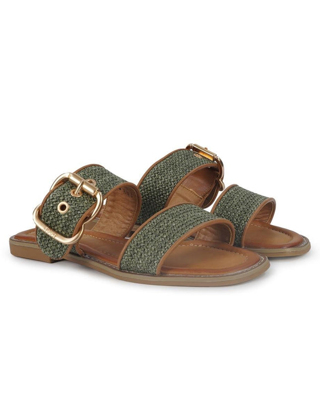 Jeep Sandalo Flat Donna in Tessuto Verde Militare - MARIO SPATARELLA