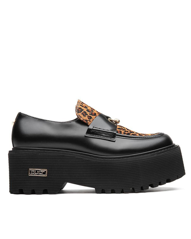 Mocassini Cult Donna con Zeppa in Pelle Nero e Cavallino Animalier - MARIO SPATARELLA