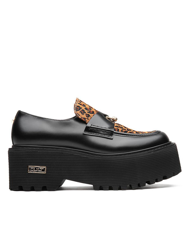 Mocassini Cult Donna con Zeppa in Pelle Nero e Cavallino Animalier CLW453801 AXL JAGUAR Cult 