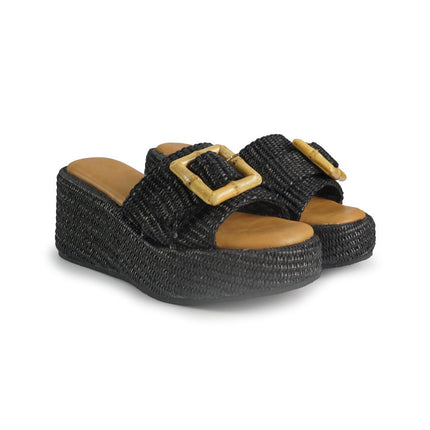 Exe Sandali Donna con Zeppa in Tessuto Nero 25001-2 RAFFIA BLACK Exe 