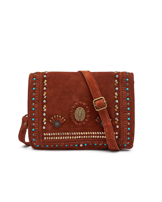 Frau Borsa Donna Borchiata con Tracolla in Camoscio Cuoio - MARIO SPATARELLA