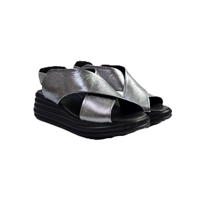 Bueno Sandali Donna con Zeppa in Pelle Laminato Grigio Y5703 OLD GUN Bueno 