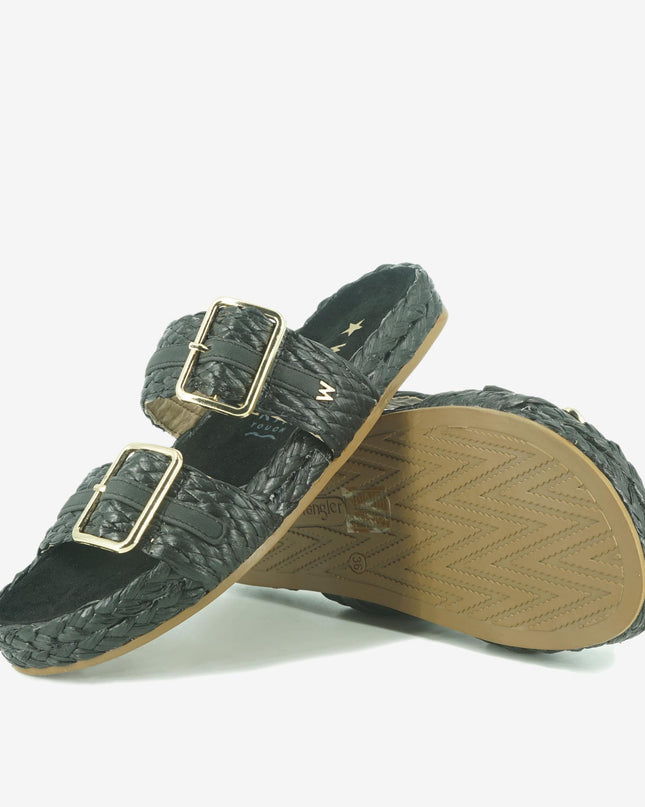 Sandalo Donna Basso Due Fibbie PALMAS RAFFIA BLACK Wrangler 