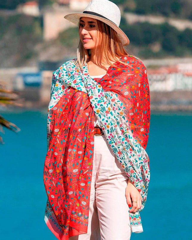 Foulard Pareo in Cotone Stampato Fantasia Double Face Rosso ACT73C COTTON ROJO Colores de Otono 