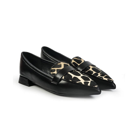 Mocassini Donna Tacco Basso in Pelle Nera e Cavallino Animalier YH03-02M BLACK ClaudV 
