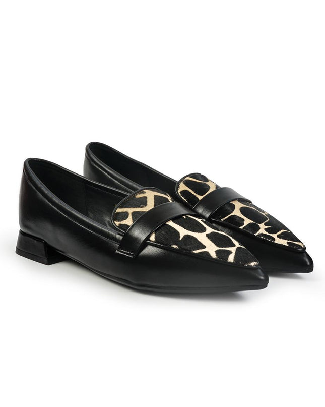 Mocassini Donna Tacco Basso in Pelle Nera e Cavallino Animalier YH03-02M BLACK ClaudV 