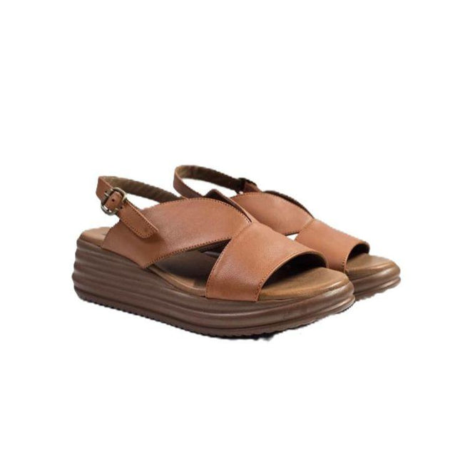 Bueno Sandali Donna con Zeppa in Pelle Cuoio E3202 TAN Bueno 