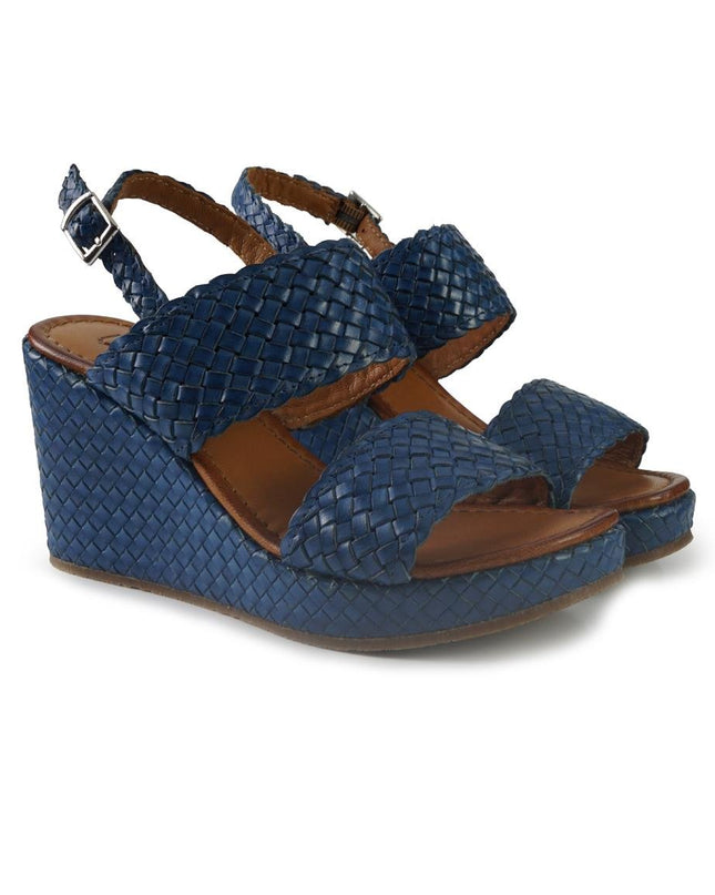 Vueva Sandali Zeppa Alta Donna in Pelle Intrecciata Azzurro Blu - MARIO SPATARELLA