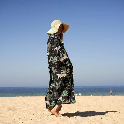 Kimono Caftano in Cotone CKR172 MDNIGHT JUNGLE Linen 
