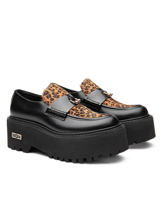 Mocassini Cult Donna con Zeppa in Pelle Nero e Cavallino Animalier - MARIO SPATARELLA