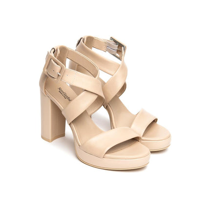 NeroGiardini Sandalo Donna con Tacco e Plateau in Pelle Lino Beige - MARIO SPATARELLA