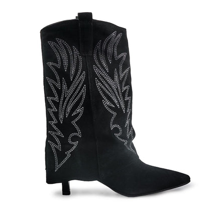 Spatarella Stivali Texani con Risvolto e Tacco Rocchetto in Camoscio Nero - MARIO SPATARELLA