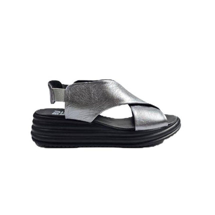 Bueno Sandali Donna con Zeppa in Pelle Laminato Grigio Y5703 OLD GUN Bueno 