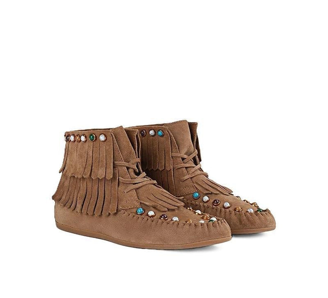 Inuovo Stivaletto Donna con Frange e Pietre Multi in Camoscio Sigaro - MARIO SPATARELLA