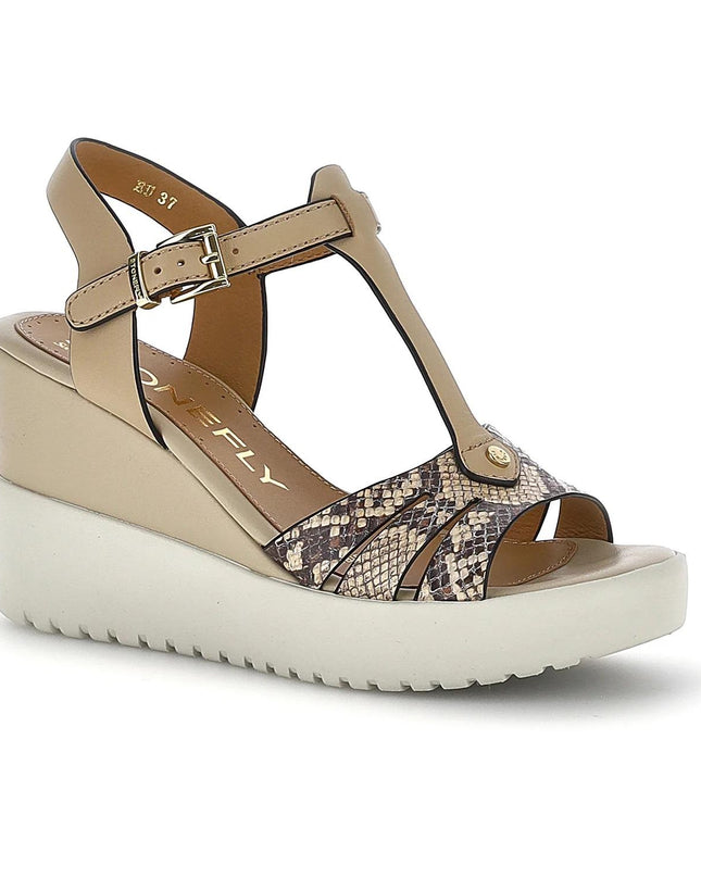 Stonefly Sandali Donna con Zeppa in Pelle Beige Animalier 223867 ELY 4 DUST BROWN Stonefly 