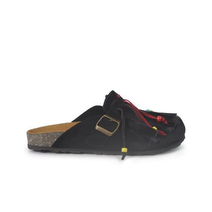 Jiudit Sandalo Plantare Donna Bio Sabot con Frange in Camoscio Nero Multicolor J185 BLACK Jiudit 