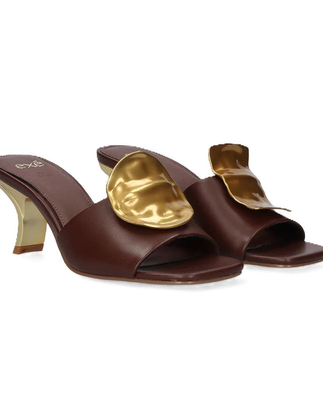 Exe Sandalo Donna Sabot con Tacco e Accessorio Asimmetrico NINA 212 BROWN GOLD Exe 
