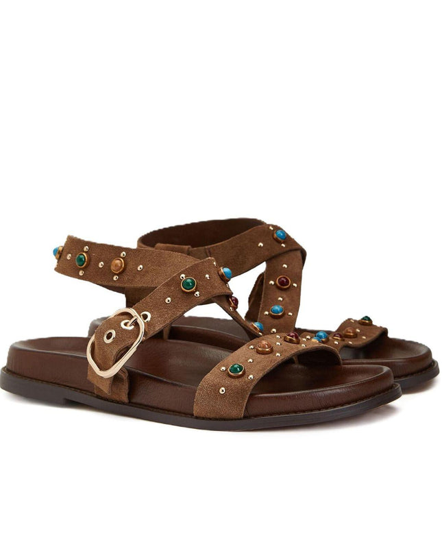 Inuovo Sandalo Donna con Pietre Multicolor in Camoscio Sigaro - MARIO SPATARELLA