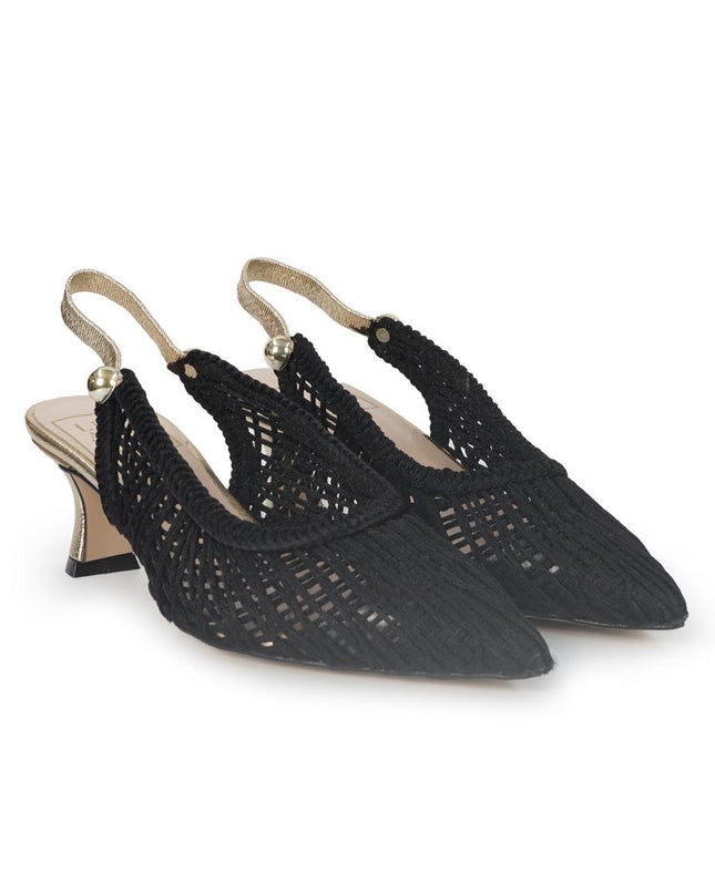 Luis Anne Chanel Mary Jane Slingback Kitten Heel in Tessuto Nero Oro - MARIO SPATARELLA