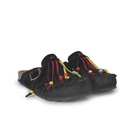 Jiudit Sandalo Plantare Donna Bio Sabot con Frange in Camoscio Nero Multicolor J185 BLACK Jiudit 