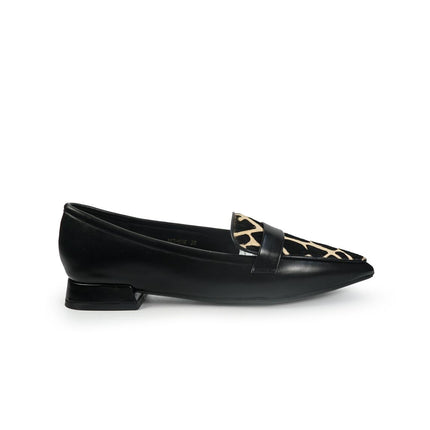 Mocassini Donna Tacco Basso in Pelle Nera e Cavallino Animalier YH03-02M BLACK ClaudV 